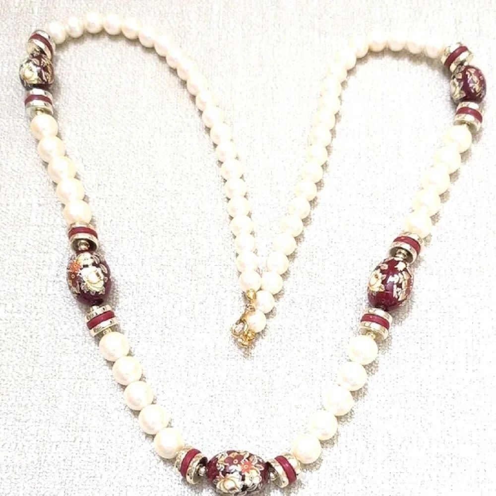 Vintage Graduated Faux Pearl & Red Floral Painted Beads 28" Long Estate Necklace